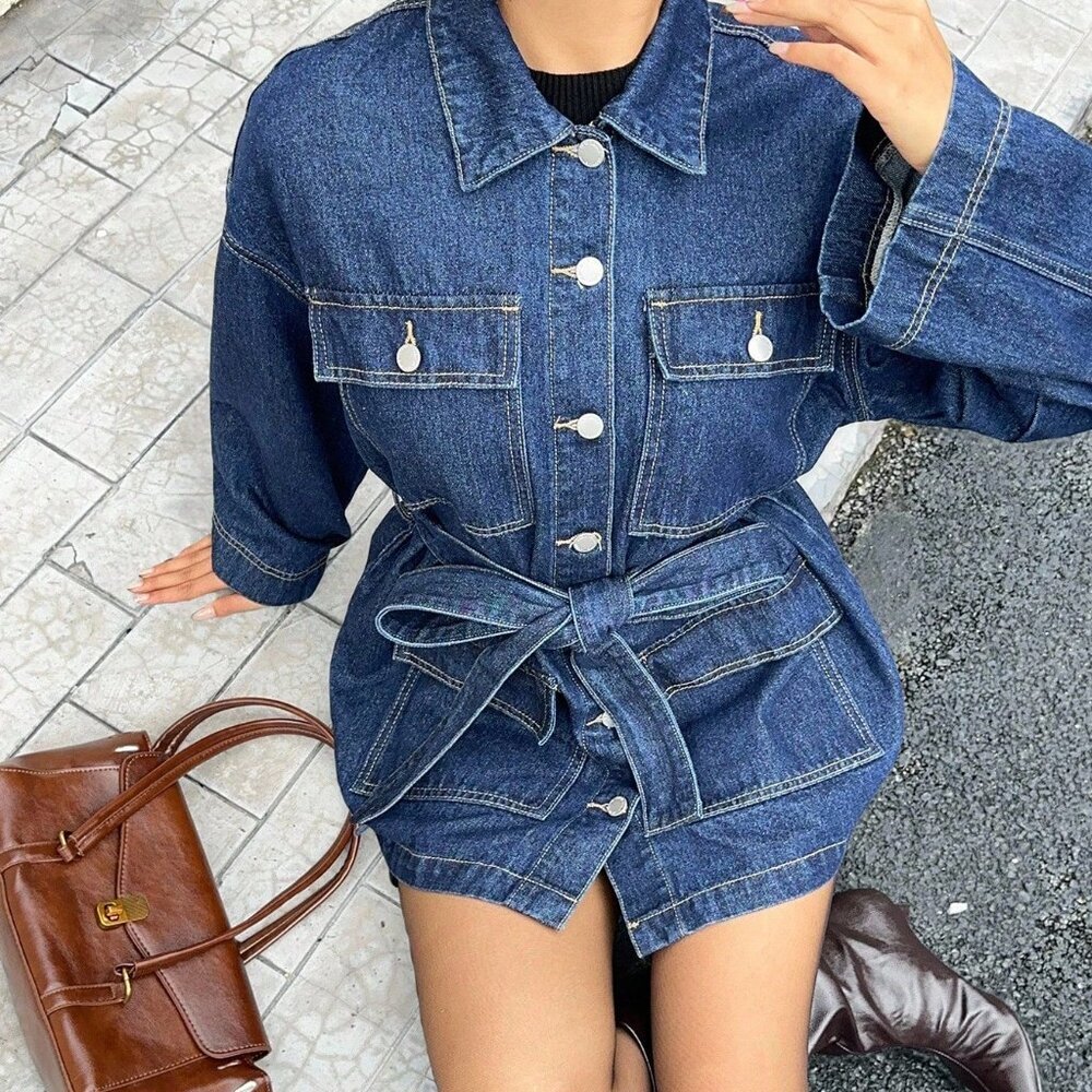 Dark Wash Casual Women's Denim Jacket with Waist Pocket - Picture 4 of 6